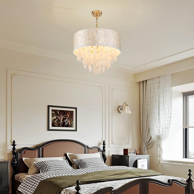 4-Light Drum Capiz Shell Chandeliers, Coastal Style Pendant Light Fixture for Dining Room, Living Room, D18 x 21~68"(Adjustable Height), Shell Lampshade & Gold Finish