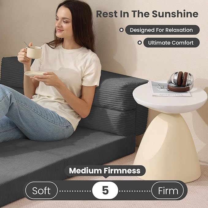 JUIKURY Folding Sofa Bed, Convertible Sleeper Chair with Pilow Foldable Matress, 2 in 1 Pull Out Loveseat Sofa Portable Fold Out Chair Bed Floor Couch Lounge for Living Room Bedroom (Grey, Full)
