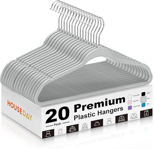 HOUSE DAY Grey Plastic Hangers 20 Pack - Heavy Duty Non-Velvet Hangers with 360° Swivel Hook & Non Slip Notches - Slim Space Saving Clothes Hangers, Durable Closet Organizers for Coats Shirts Dresses