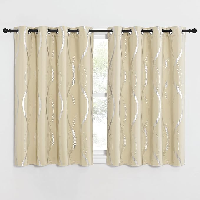 NICETOWN Blackout Short Curtains Panels for Bedroom, Microfiber Noise Reducing Thermal Insulated Wave Line Foil Print Design Blackout Curtains for Office, Classroom (Biscotti Beige, 2 Panels, 52 x 45)