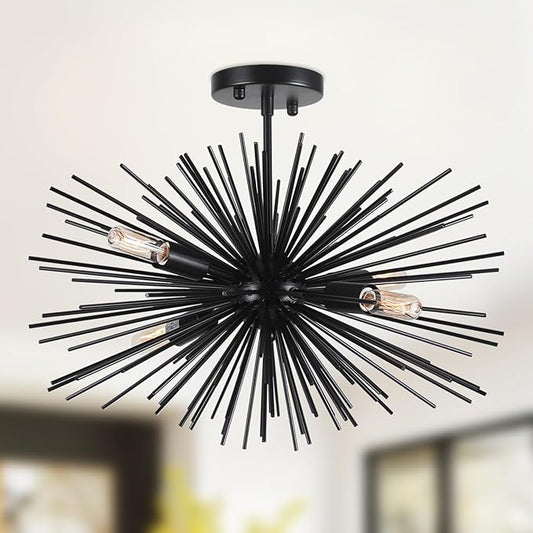 20in Black Sputnik Ceiling Light Fixtures Over Table 4-Lights Starburst Sputnik Chandelier Modern Solid Metal Semi Flush Mount Ceiling Light for Bedroom, Kitchen, Hallway, Laundry Room, E12