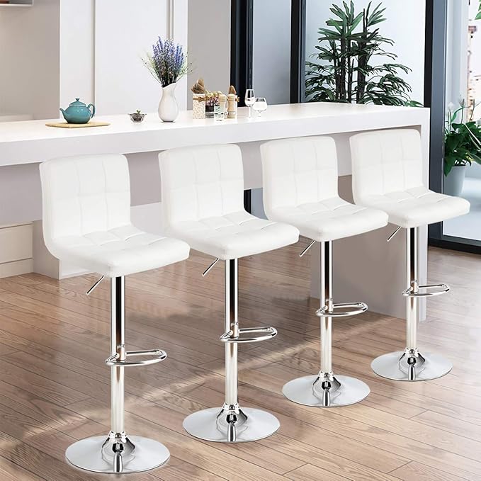 COSTWAY Adjustable Bar Stools Set of 4, Modern Swivel PU Leather Bar Chair with Backrest, Soft Cushioned Seat, Footrest, Sturdy Metal Frame, Comfortable Barstools for Kitchen Island, Pub, White