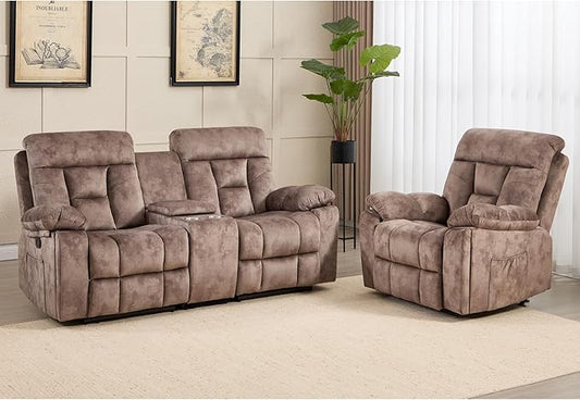 CANMOV Recliner Sofa Set, Power Lift Recliner with Massage&Heat and Loveseat Set, Reclining Sofa with Storage Console,Hidden Cup Holders, for Living Room, Camel-Brown