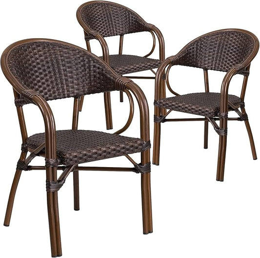 Flash Furniture 3 Pk. Milano Series Dark Brown Rattan Restaurant Patio Chair with Red Bamboo-Aluminum Frame