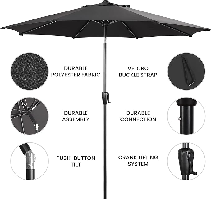 Sun-Ray 9' Round Patio Umbrella with Push-Button Tilt and Hand Crank Lift System, Market Umbrella for Porch, Deck, and Patio