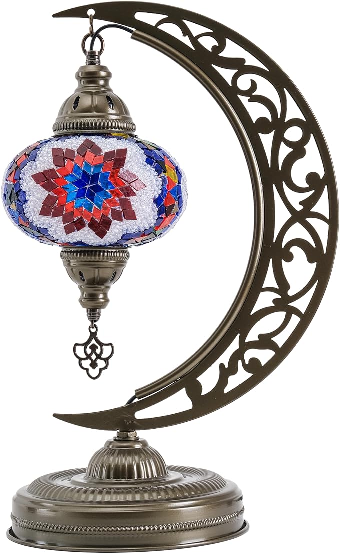 Mozaist Turkish Mosaic Crescent Shape Table Lamp, Moroccan Moon Boho Handmade Desk Light, Farmhouse Rustic Living Room Decorative Lighting, Bedside Nightstand with E12 Socket & US Plug (Multicolor)