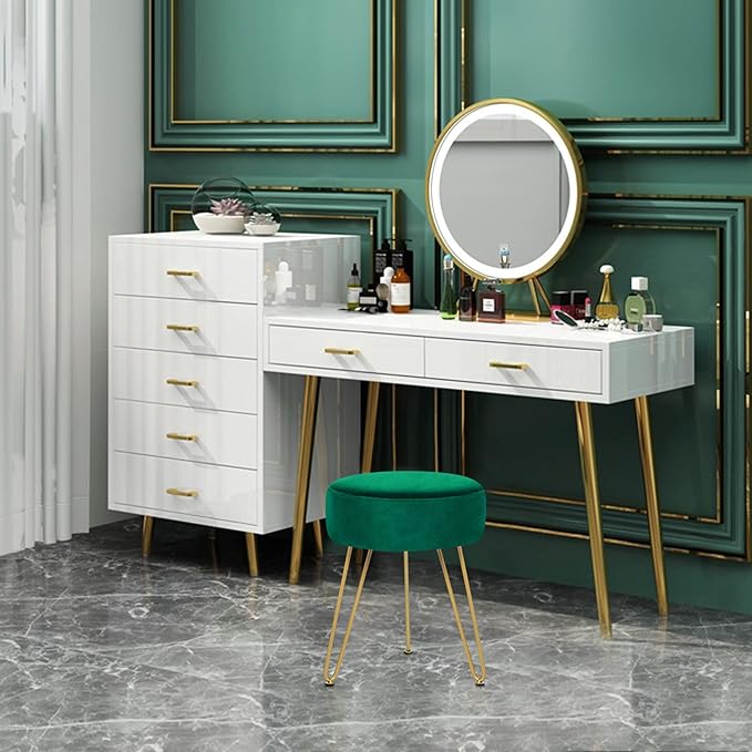 Velvet Soft Modern Vanity Footstool -Round Footrest Stool Ottoman Side Table Seat Dressing with Golden Metal Leg and Sponge Filling,Upholstered Foot Rest, for Living Room and Bedroom Teal