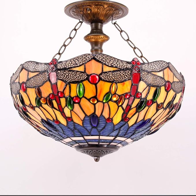 WERFACTORY Tiffany Ceiling Light Fixture Orange Blue Stained Glass Dragonfly Semi Flush Mount Lamp Wide 16 Inch Height 15 Inch Tiffany Ceiling Lamp S168 Series