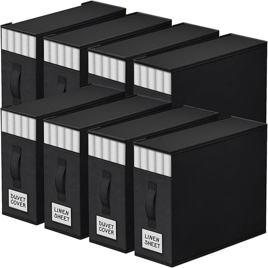 8 Pack Bed Sheet Closet Organizers and Storage,Sturdy Foldable Storage Containers with Window and Label,Storage and Organization for Bedding Sheets,Duvet Covers,Blankets (Black)