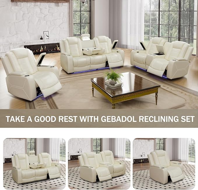 Power Recliner for Living Room, Air Leather Reclining Chair with LED/Storage, 1-Seater Reclining Furniture, Creamy White Leather Couch for House/Apartment/Office