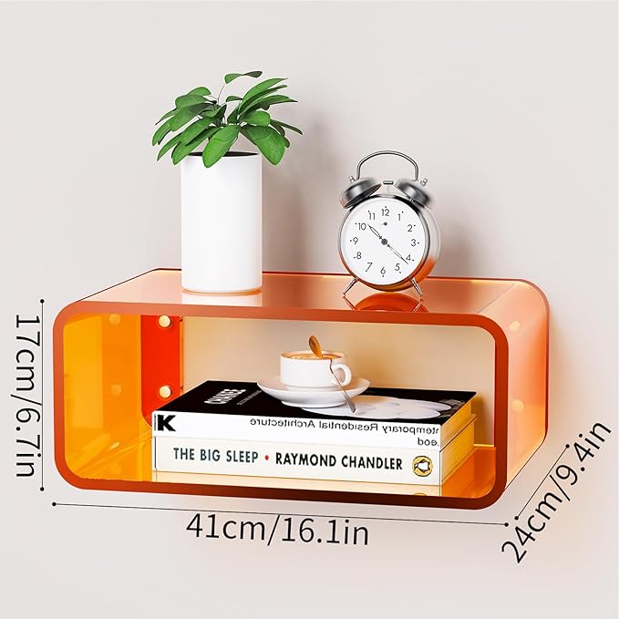 Acrylic Floating Nightstand, Bedside Table, Nightstand Shelf Wall Mounted Bedside Shelf (Orange, Small)