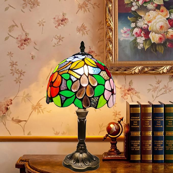 Tiffany Table Lamp,8X8X15Inch Small Antique Rose and Grape Pattern Stained Glass 3 Color Temperatures Bedside Nightstand Table Lamps for Bedroom Living Room Home Office+LED Bulb