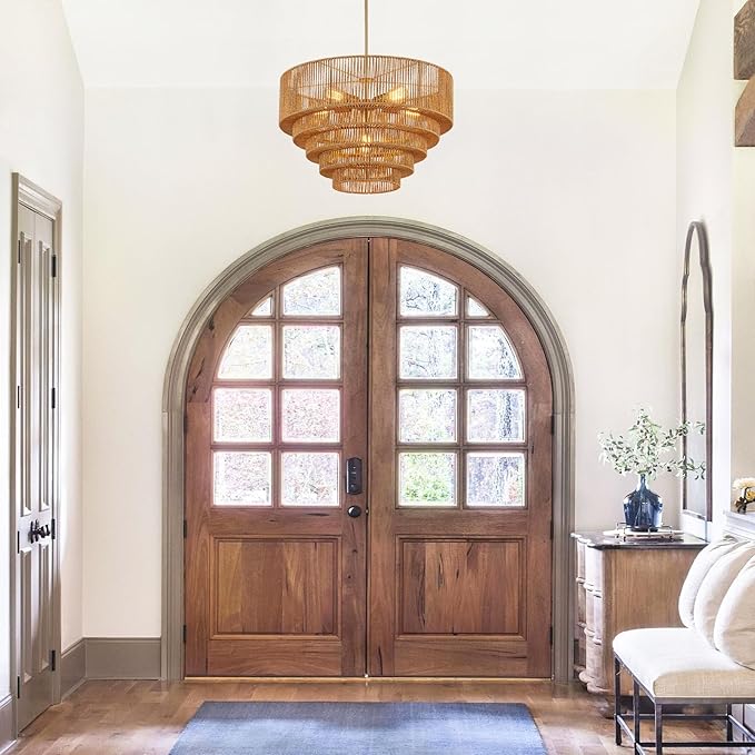 25.6" Boho Rattan Chandelier Light Fixture 6-Light Hand-Woven Bamboo Vintage Farmhouse Chandelier Drum Wicker Golden Chandeliers for Dining Room, Living Room, Kitchen Island, Bedroom, Foyer