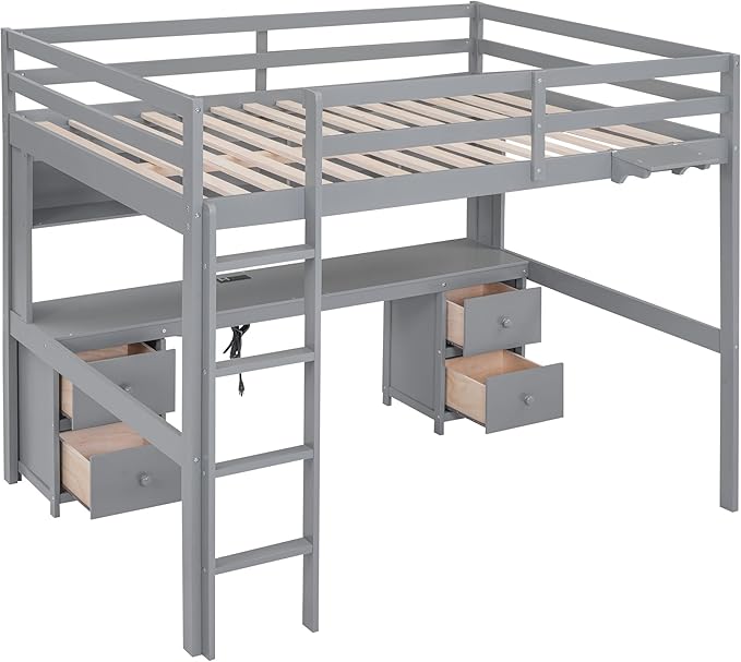 Full Size Loft Bed with Desk, Storage Cabinets, Drawers and Bedside Tray, Multifunctional Full Beds with Plug Outlets & 2 USB Port, Gray