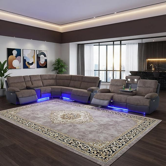 Power Corduroy Recliner Sectional Sofa with LED Light,L Shaped Reclining Couch with USB Charger/Cup Holder/Storage,Corduroy Sofa for Living Room/Home Theater(Brown,Sectional+3 Seats)