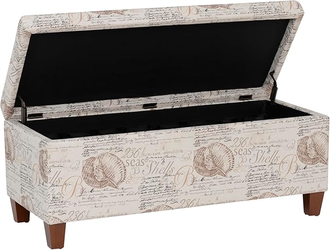Linon Carmen Ivory and Beige Seashell Upholstered Lift Top Storage Ottoman with Wooden Feet