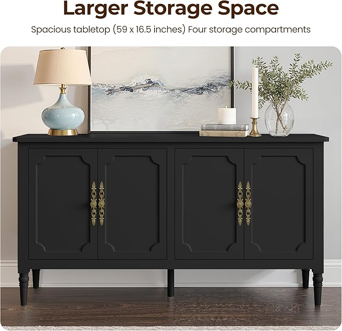 Console Table, 58'' Mid Century Modern Pantry Cabinet, Wood Buffet Sideboard, Media Credenza with 4 Doors, Accent Storage for Entryway, Living Room, Bedroom, Dining Room (Black1)