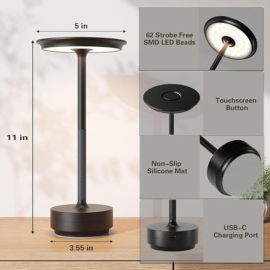 Rechargeable Cordless Table Lamps, Portable 5000mAh Battery Table Light, 3 Color Stepless Dimming LED Table Light,Suitable for Terrace, Western Restaurant, Cafe(with Memory Function)