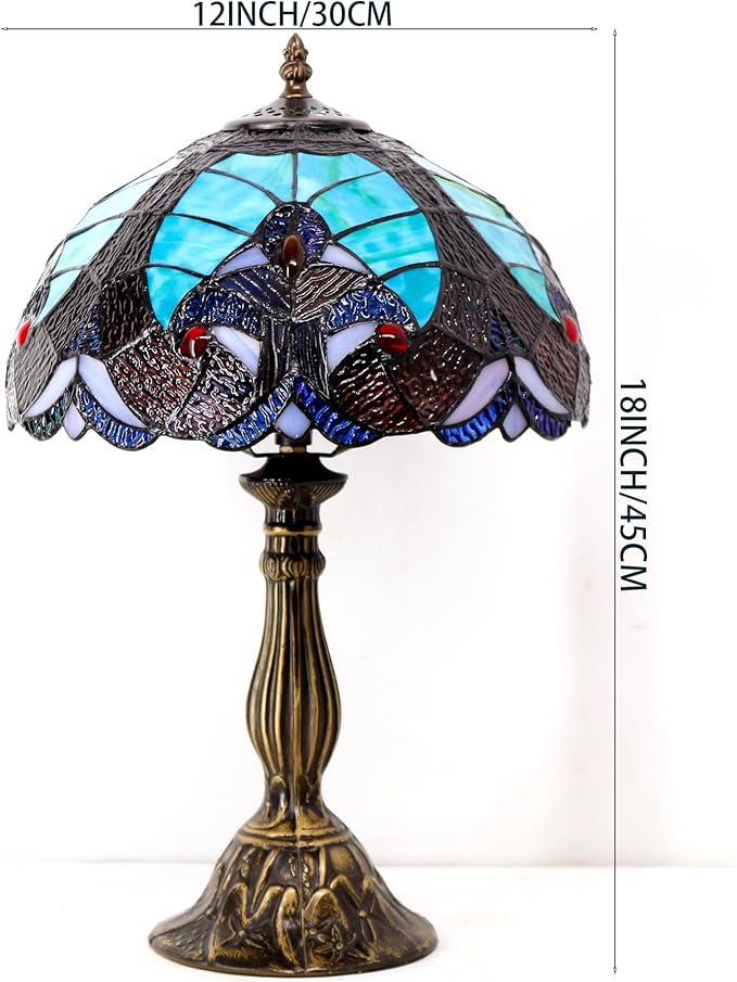 WERFACTORY Tiffany Style Lamp Green Liaison Stained Glass Bedside Table Lamp Reading Desk Light 12X12X18 Inches Decor Nightstand Bedroom Living Room Home Office S160G Series