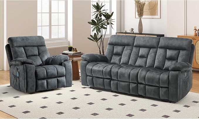EBELLO 2 Piece Reclining Living Room Set, Soft Fabric Recliner Sofa Furniture Set, Included Power Lift Recliner Chair with Massage and Heat and 3 Seat Sofa, Dark Greenish-Grey