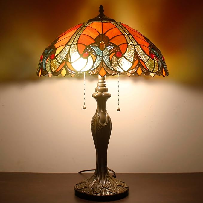 WERFACTORY Tiffany Table Lamp Red Liaison Stained Glass Style Bedside Lamp 16X16X24 Inches Antique Desk Reading Light Metal Base Decor Bedroom Living Room Home Office S160R Series