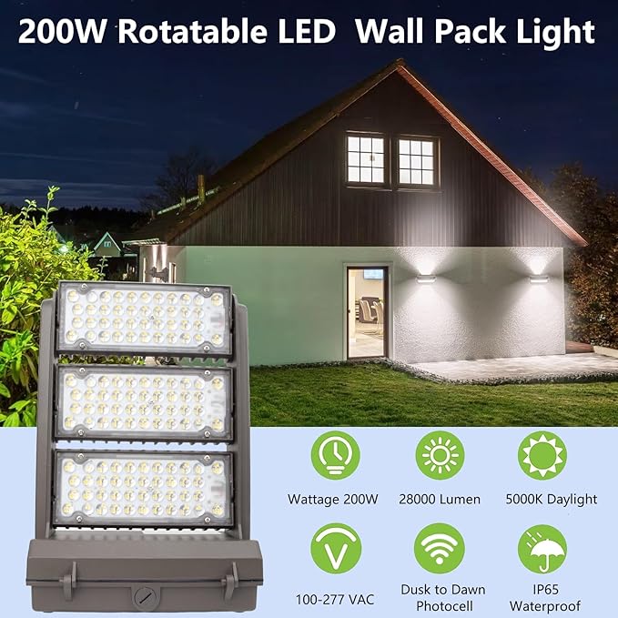 Rotatable LED Wall Pack Light with Dusk to Dawn Photocell, 200W 28000LM 800-1000W HPS/HID Equiv., 5000K Daylight ETL Commercial Outdoor Security Lighting for Warehouse, Entrance, Parking, Garage