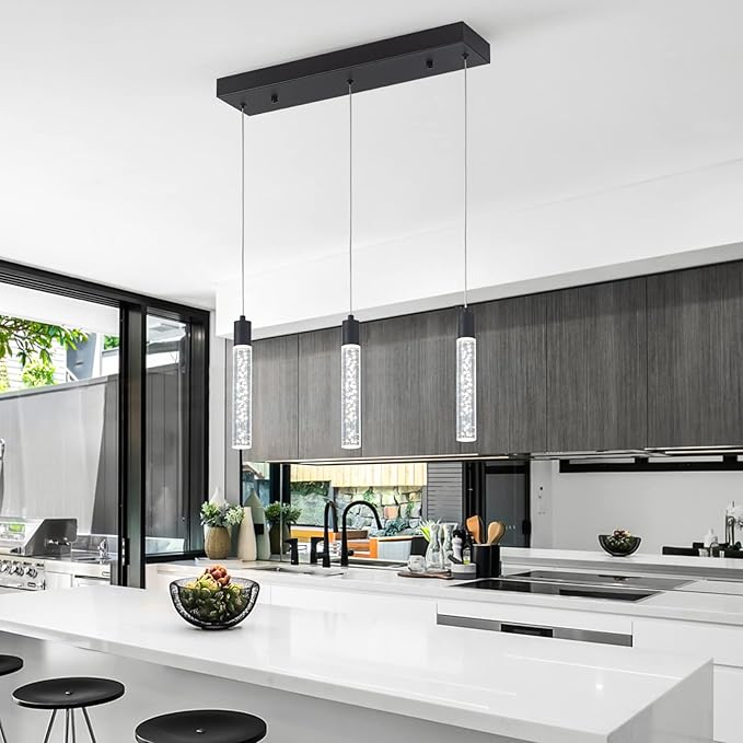 3 Pendant Lights Kitchen Island Modern Pendant Light with Adjustable Height - Clear Cylinder Island Lights, 3000-6000K Dimmable Kitchen Pendant Lighting for, Dining Room, Bar Counter