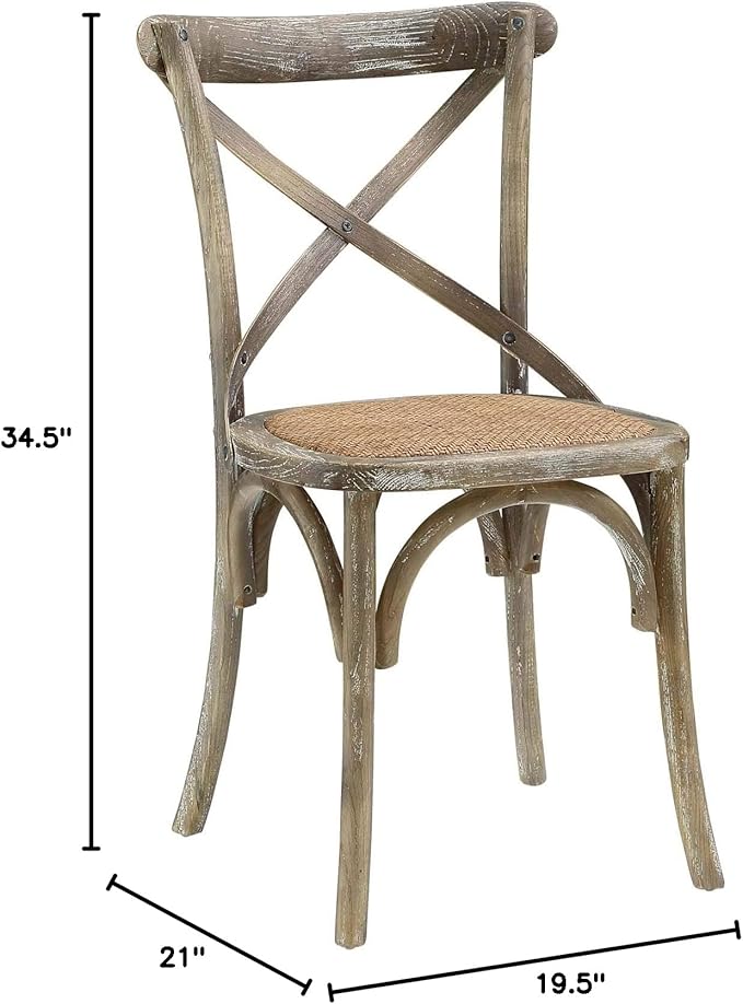 Modway Gear Rustic Modern Farmhouse Elm Wood Rattan Four Dining Chairs in Gray