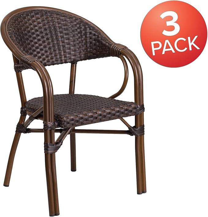 Flash Furniture 3 Pk. Milano Series Dark Brown Rattan Restaurant Patio Chair with Red Bamboo-Aluminum Frame