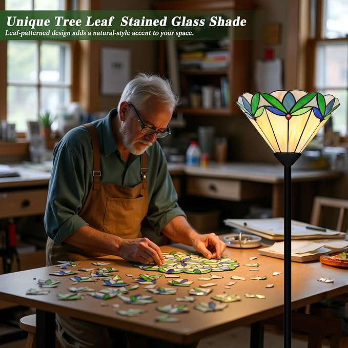 Floor Lamp with Tree Leaf Stained Glass Shade, Torchiere Floor Lamp, Tall Corner Pole Lamp with Foot Switch, Vintage Style Decorative Standing Reading Light for Living Room Bedroom(E26 Base)