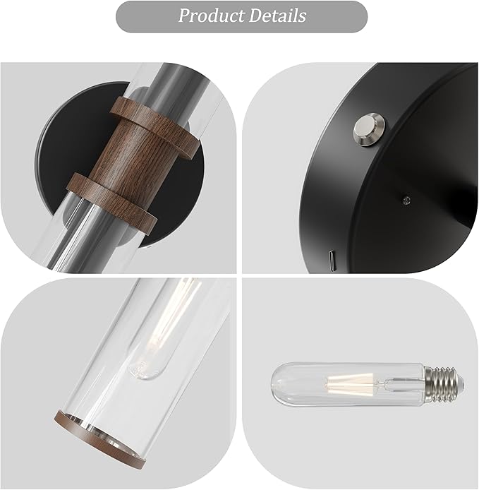 Battery Operated Wall Sconce Set of 2, Black & Walnut Rechargeable Wall Sconces, Modern Cordless Wall Lights with Remote Control, Dimmable for Living Room, Bedroom, Bathroom, Hallway, Entryway 3000K
