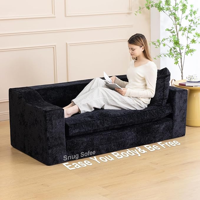 61" Convertible Sofa Bed Loveseat, Memory Foam Boneless Floor Couch with Removable Plush Velvet Cover, Tri-folding Compact Full-size Sleeper for Small Living Room, Playroom, Guest Room, RV (Black) | Convertible Sofa Bed, Premium Memory Foam, Ergonomic ...