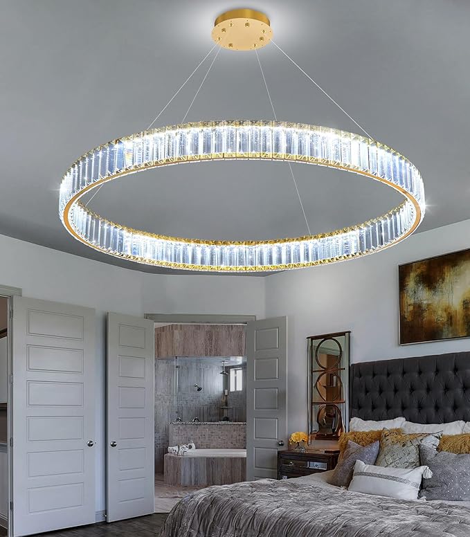 32'' Modern Ring Chandelier Crystal Chandeliers for Dining Room Round LED Dimmable Ceiling Light Fixture for Living Room Bedroom Lighting Gold