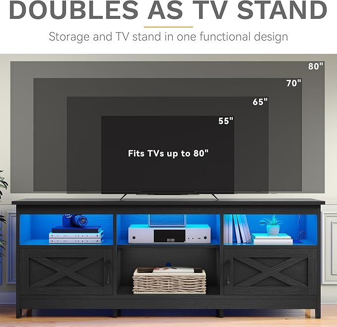 DWVO Farmhouse TV Stand with Power Outlets & LED Lights, Entertainment Center for TVs up to 80", TV Console with Storage Cabinets & Open Shelves for Living Room (Black)