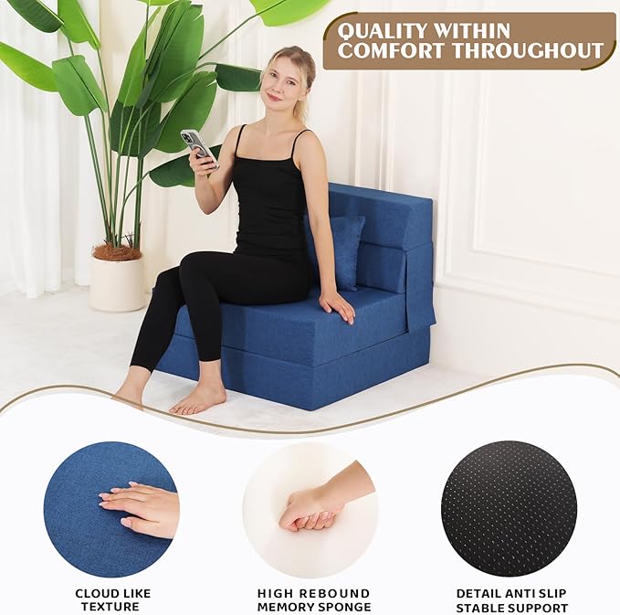 Fvkind Folding Sofa Bed, Foldable Sleeper Chair with Pillow, Convertible Fold Out Chair Bed with Washable Cover, Foldable Mattress for Living Room, Bedroom, Guest Room, Single Size, Blue