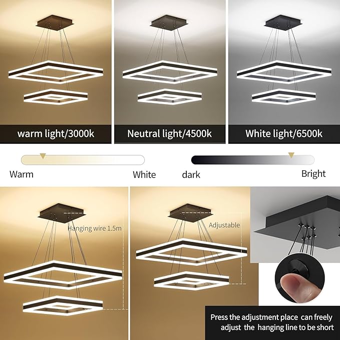 Modern LED Chandelier, 2-Light Black Ceiling Chandelier Pro for Dining Room Light Fixtures Hanging Color Temperature and Height Adjustable Chandeliers for Living Room, Bedroom, Kitchen 15.7+23.6IN