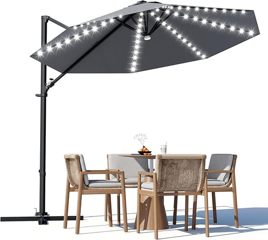 Greesum 10FT Outdoor Patio Umbrella with High Pedel and 4 Gear Heights, Large Offset Umbrella with Solar LED Lights and 360-degree Rotation, Without Base, Hanging Outdoor Shade for Garden, Gray