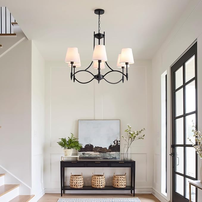 Black Farmhouse Chandelier for Dining Room， 6-Lights with White Fabric Shade Dining Room Light Fixtures，Rustic Industrial Chandelier for Living Room Kitchen Island Foyer