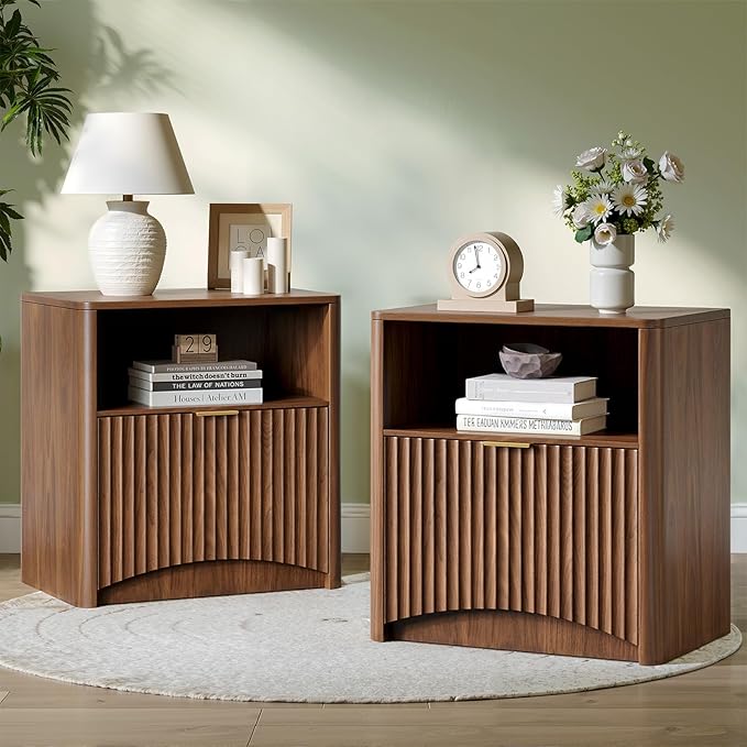 Evermagin Fluted Nightstand Set of 2, Walnut Bedside Table with Drawer and Storage, Wood End Table Mid Century Modern, Large Night Stand for Bedroom