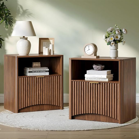 Evermagin Fluted Nightstand Set of 2, Walnut Bedside Table with Drawer and Storage, Wood End Table Mid Century Modern, Large Night Stand for Bedroom