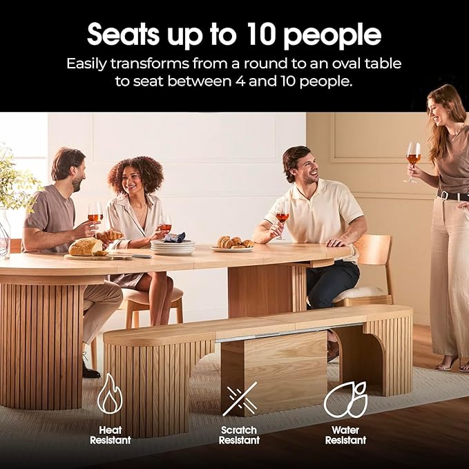 Transformer Table - Solid Wood Extendable Round Dining Table Set with 2 Benches, Seats 4-10, Extendable Round Dining Set, Bench with Panel Storage, Natural (Table + 2 Benches)