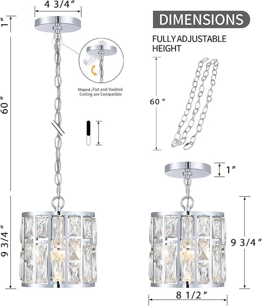 MEXO Modern Crystal Pendant Light,Chrome Chandelier Light Fixture, Cylinder Adjustable Height Pendant Lights for Kitchen,Dining Room,Living Room,Foyer,Hallway