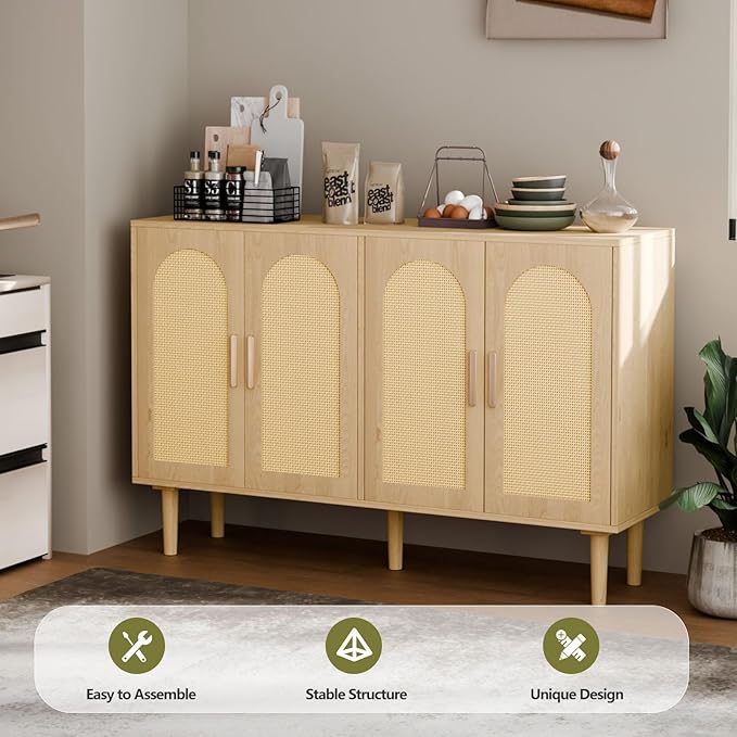 Sideboard Buffet Cabinet with Storage, Retro Rattan Storage Cabinet Kitchen Sideboard Buffet with Artistic Carved Handle for Dining Room Living Room, (Oak)
