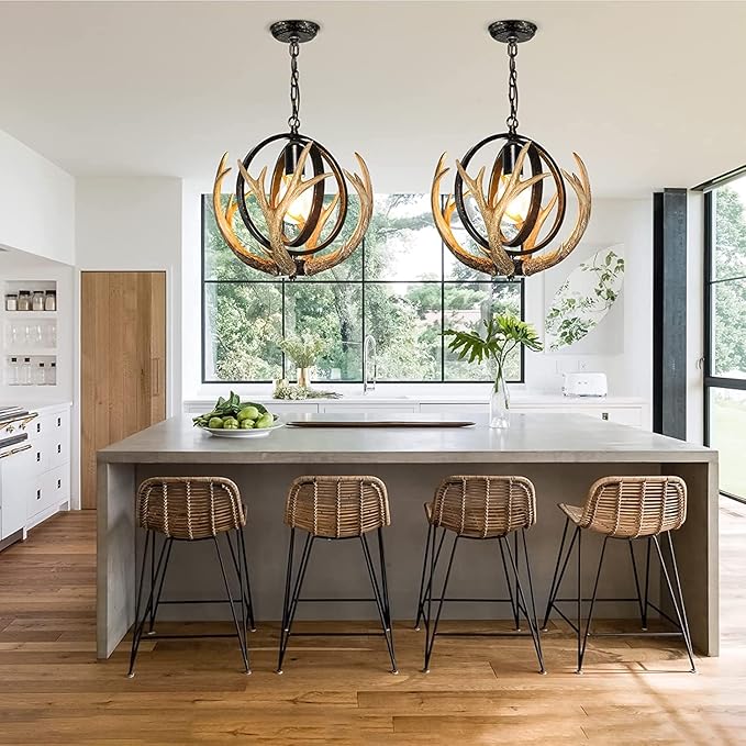 Rustic Antler Chandelier, 14" Farmhouse Chandelier with Resin 4 Antlers and Retro Metal Globe Chandelier Vintage Style for Dining Room, Kitchen, Hallway, Pendant Lights