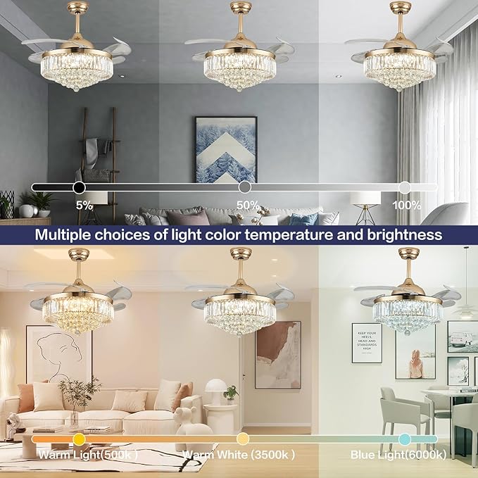 DuMaiWay 48" Dimmable Crystal Ceiling Fan with Light, Fandelier,Chandelier Fan with 4 Retractable Blades LED Remote APP Control for Living Room, Bedroom, Dining Room 6 Speed-Gold