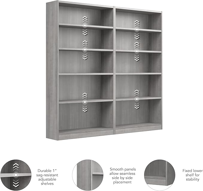 Bush Furniture Universal Tall 5 Shelf Bookcase in Platinum Gray - Set of 2, Matching Storage and Display Bookshelves for Home Office or Living Room Organization