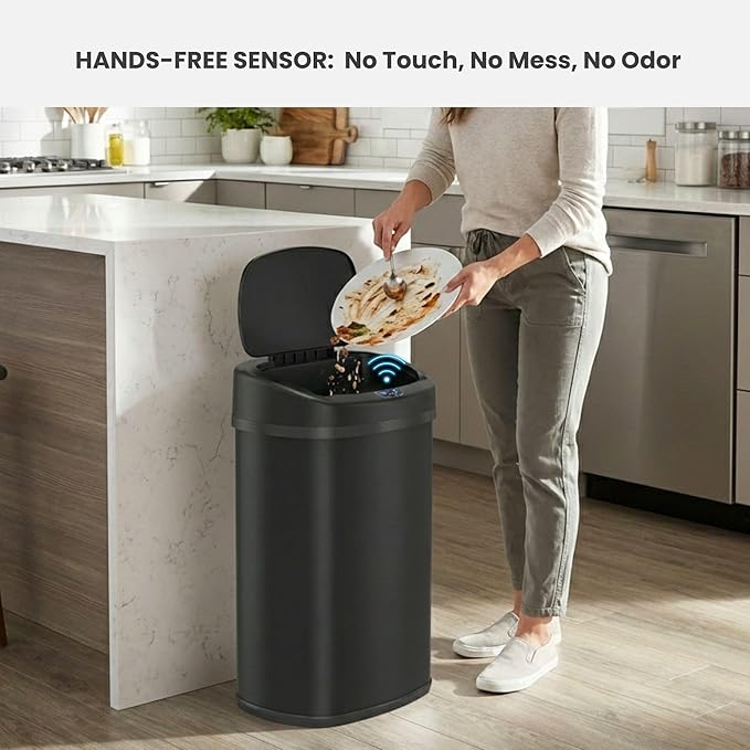 iTouchless 13 Gallon Oval Automatic Garbage Can with Odor Filter, 50L Touchless Kitchen Wastebasket, Smart Hands-Free Motion Sensor Lid, Fingerprint-Proof, Soft-Close, Modern Matte Black Finish
