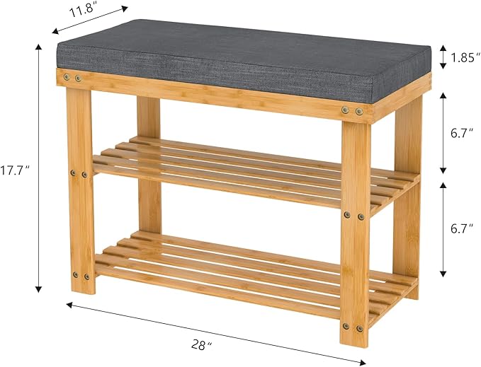 Domax Shoe Rack Bench for Entryway - Bench with Shoe Storage Front Door Shoe Bench with Cushion Upholstered Padded Seat 3 Tier Bamboo Shoe Holder for Entry Indoor Entrance Hallway Bedroom Living Room
