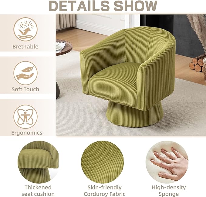 Swivel Accent Chair, Modern 360° Barrel Chair, Corduroy Upholstered Single Sofa for Living Room, Bedroom(Green)
