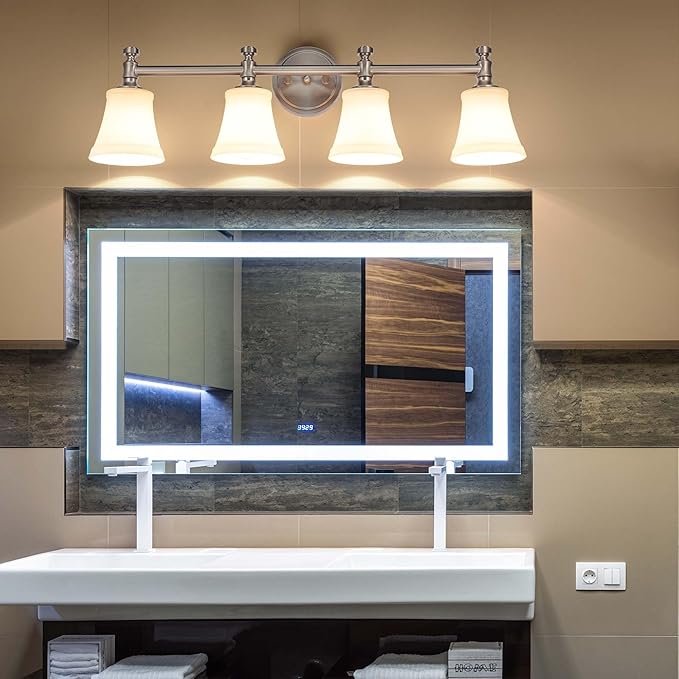 Bathroom Vanity Light Fixtures, Traditional Brushed Nickel 4 Lights Wall Sconce Lighting with Opal Glass Shade, Porch Wall Mount Light Fixture for Bathroom, Mirror Cabinets Hallway Stairs